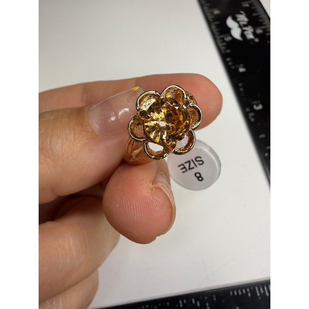 Gold Tone Amber Color Stone Floral Cocktail Ring Size 8 Openwork Flower Design
